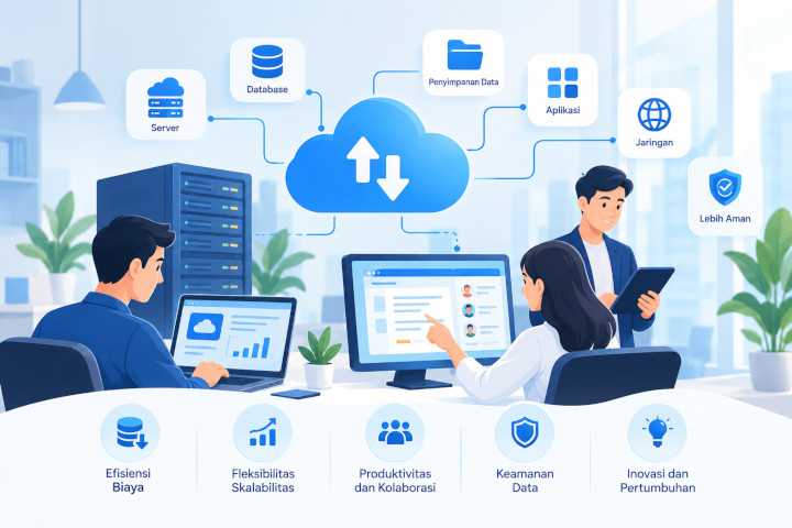 Cloud Computing for Business Teamwork Ilustrasi cloud computing untuk bisnis dan kolaborasi tim